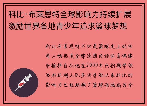科比·布莱恩特全球影响力持续扩展 激励世界各地青少年追求篮球梦想