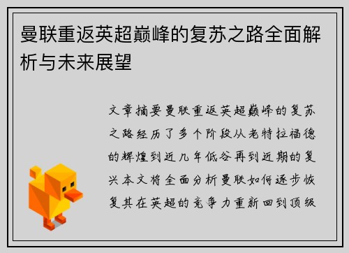 曼联重返英超巅峰的复苏之路全面解析与未来展望