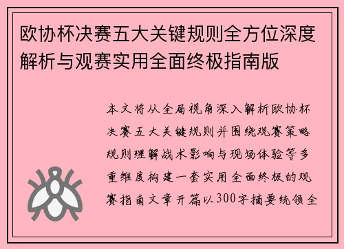 欧协杯决赛五大关键规则全方位深度解析与观赛实用全面终极指南版