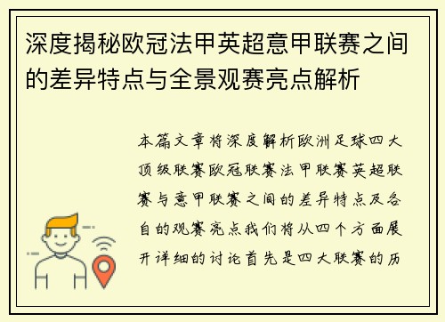 深度揭秘欧冠法甲英超意甲联赛之间的差异特点与全景观赛亮点解析