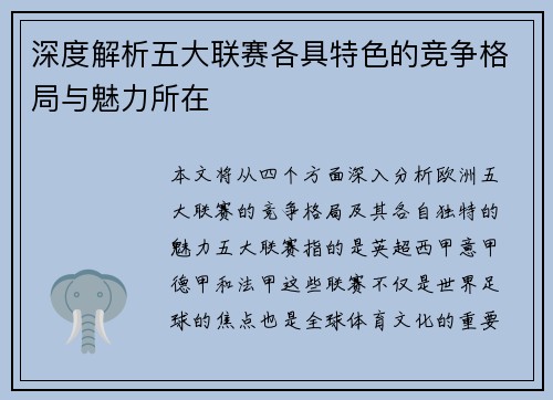 深度解析五大联赛各具特色的竞争格局与魅力所在
